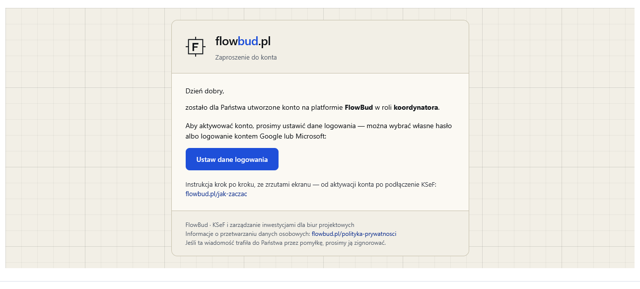 Mail z zaproszeniem i przyciskiem Ustaw hasło